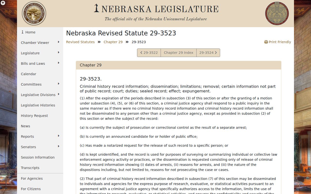 Nebraska section 29-3523 criminal history dissemination page used for Indianola records